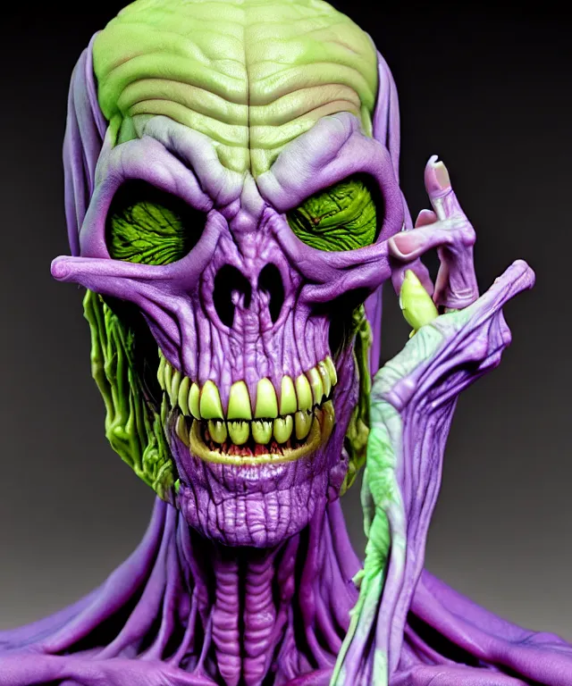 Image similar to hyperrealistic rendering, cronenberg flesh monster skeletor by art of skinner and richard corben and jeff easley, product photography, action figure, sofubi, studio lighting, colored gels