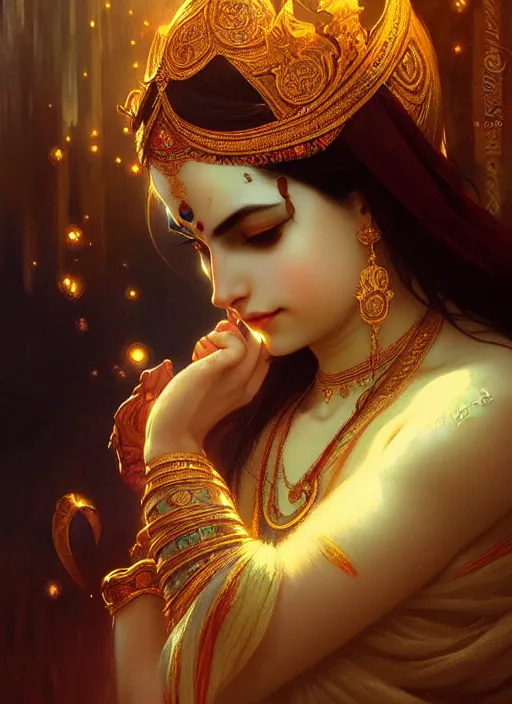 Prompt: : krishna fantasy, fantasy magic, dark light night, intricate, elegant, sharp focus, illustration, highly detailed, digital painting, concept art, matte, art by WLOP and Artgerm and Greg Rutkowski and Alphonse Mucha, masterpiece