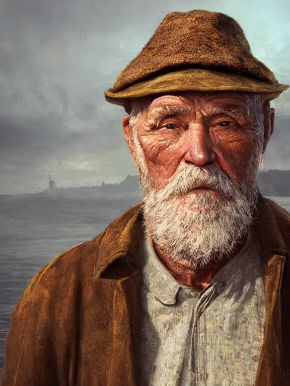 Prompt: realistic renderings portrait of very old fisher man portrait with a hat, wearing a fisher 🧥, port scene background, astonishing scenes, detailed, photorealism, volumetric lighting, autumn lights colors, ultra detailed