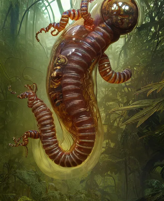 Image similar to intricate ornate opulent transparent clear see - through portrait of a terrifying beautiful fat male alien centipede, mottled coloring, adorable, childlike, overgrown jungle environment, ultra realistic, concept art, art nouveau, photorealistic, octane render, 8 k, unreal engine. art by christopher marley and artgerm and greg rutkowski and alphonse mucha