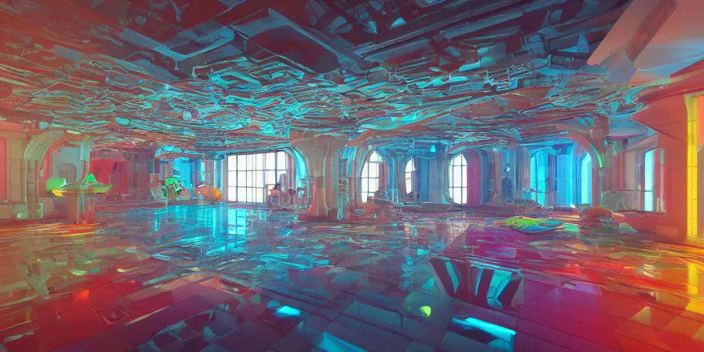 Image similar to colourful futuristic interior baroque, big open floor, 3 d render v - ray photo realistic, 8 k