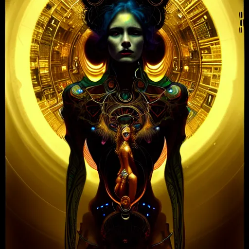 Image similar to extremely psychedelic beautiful cyborg goddess infected by night. intricate, elegant, highly detailed, extremely lifelike photorealistic digital painting, artstation. steichen, gaston bussiere, tom bagshaw, cyberpunk alphonse mucha. elegant minimalism. anatomically correct. sharp focus. gold, black accents. surreal lush cosmic hallucination