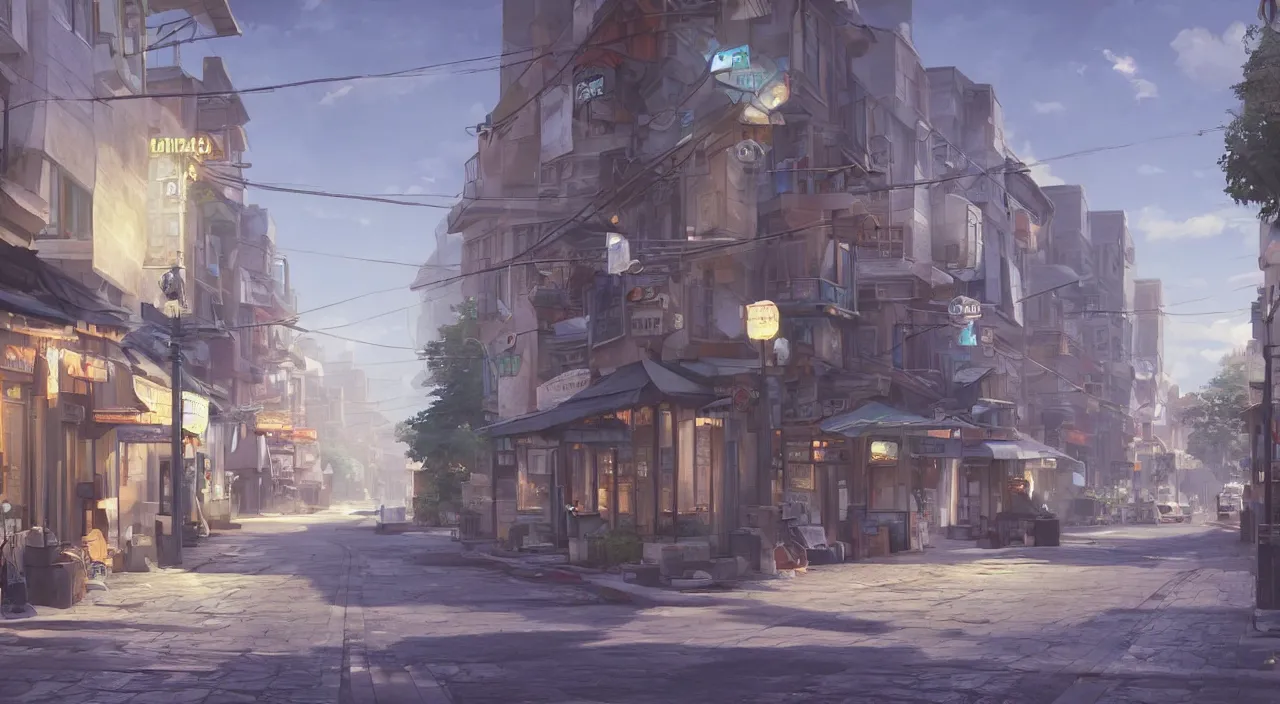 Prompt: a digital painting of a street in a small town, a screenshot by makoto shinkai, trending on cgsociety, photorealism, rendered in unreal engine, concept art, official art