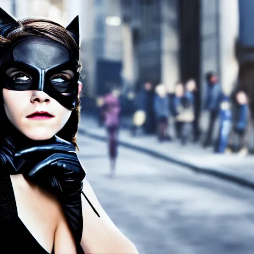 Image similar to Emma Watson as Catwoman, XF IQ4, f/1.4, ISO 200, 1/160s, 8K, Sense of Depth, color and contrast corrected, AI enhanced, HDR, in-frame