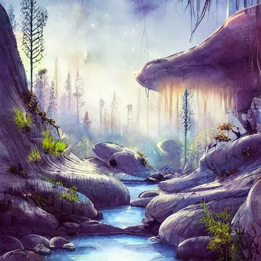 Image similar to beautiful happy picturesque charming sci - fi organic pod - like homes of the future in a beautiful natural scene. water, trees and rocks. beautiful light. soft colour scheme. beautiful artistic detailed watercolor by lurid. ( 2 0 2 2 )