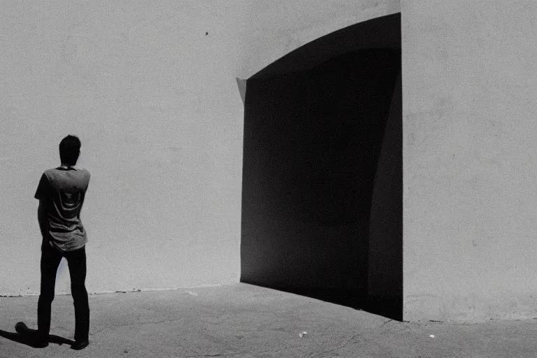 Prompt: a philosopher staring into a portal to multi - dimensional latent space wondering whether or not to leap in, cinematic 4 k, 3 5 mm film, spieberg, black and white