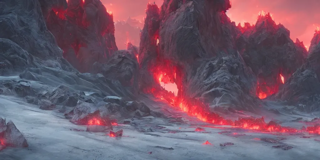 Image similar to a epic landscape full of big red crystals spikes emerging from the ground, concept art, octane render, unreal engine 5, trending on artstation, greg rutkowski, hyperrealistic, highly detailed, high quality, 8 k, dramatic lighting, cinematic, high coherence, high contrast, digital art, high definition, path traced, night