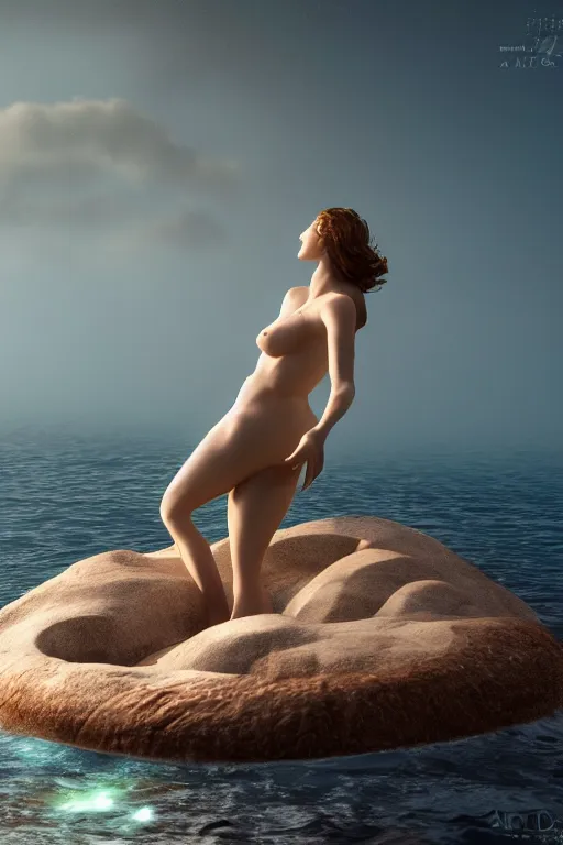 Image similar to Aphrodite rising out of the sea in a clam shell, photorealistic, high resolution, award winning, trending on artstation, volumetric lighting, highly detailed, daylight.