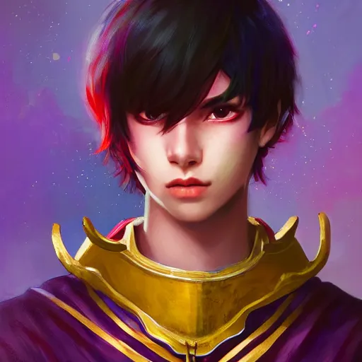 Prompt: colorful and Festive Captivating teenager boy with straight indigo japanese hair, purple eyes, red eye markers, wearing japanese traditional combat clothes with golden armor pieces. rich vivid colors, ambient lighting, dynamic lighting, 4k, atmospheric lighting, painted, intricate, highly detailed by Charlie Bowater