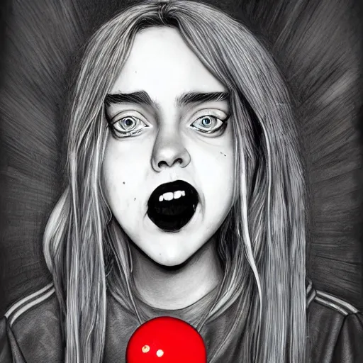 Image similar to surrealism grunge cartoon sketch of billie eilish with a wide smile and a red balloon by - michael karcz, loony toons style, horror theme, detailed, elegant, intricate