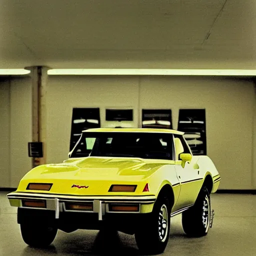 Prompt: 1979 Corvette Bronco, inside of an auto dealership, ektachrome photograph, volumetric lighting, f8 aperture, cinematic Eastman 5384 film