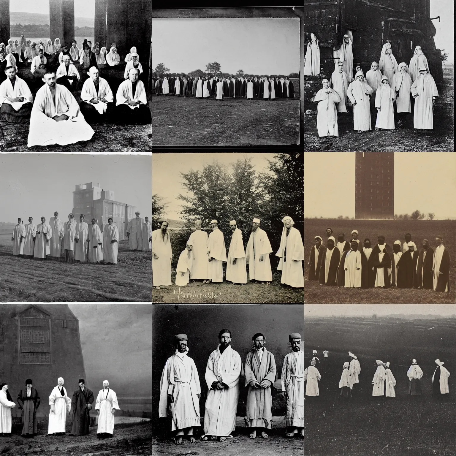 Prompt: worshippers in the 1800s dressed in robes belonging to the cult of the skyscraper. a massive skyscraper built in the middle of nowhere. Farmland. 1800s photo.