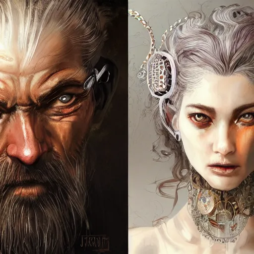 Image similar to portrait, headshot, insanely nice hair style, digital painting, of a old 17th century, old cyborg merchant, amber jewels, baroque, ornate clothing, scifi, realistic, hyperdetailed, chiaroscuro, concept art, art by Franz Hals and Jon Foster and Ayami Kojima and Amano and Karol Bak,