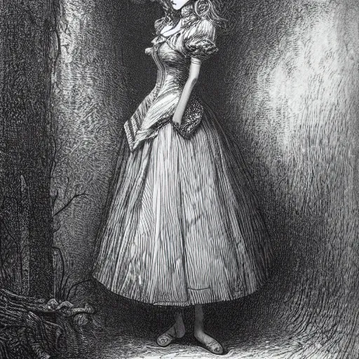 Image similar to Alice in Wonderland, portrait, realistic, very realistic, illustration by Gustave Doré