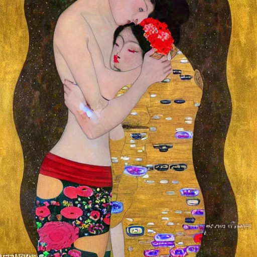 Image similar to !dream Woman holding another woman, one black, the other Asian, both have red lips, silk ribbon over eyes, Gustav Klimt style, against a background of flowers,