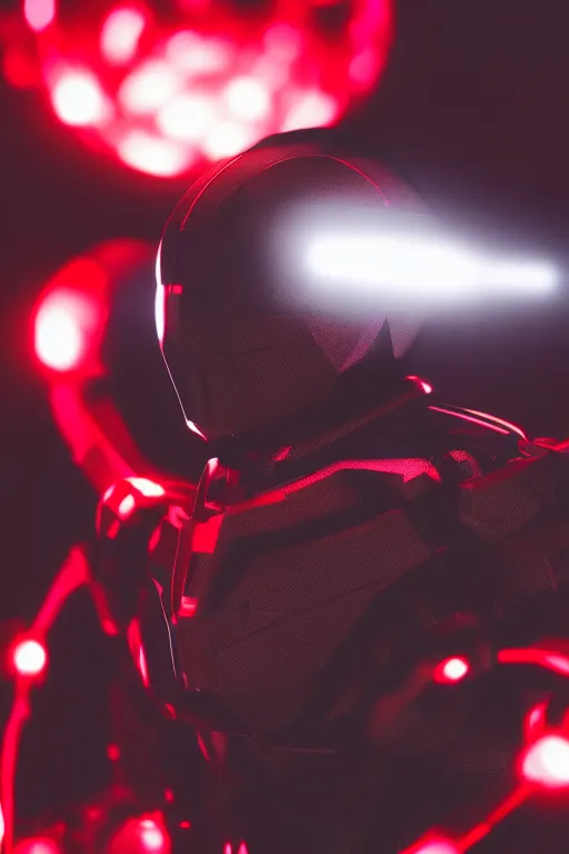 Prompt: photo of a carbon black cyborg, macro shot, dof, cinematic, volumetric lighting, studio shot, red light, 4 k