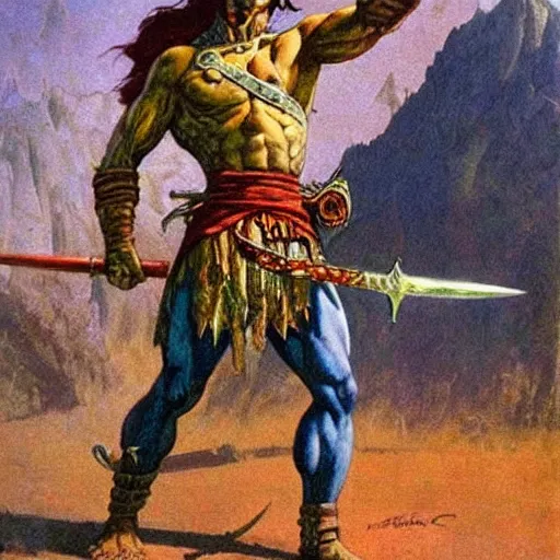 Prompt: warrior holding sword aloft. Fantasy artwork by Moebius and Frank Frazetta