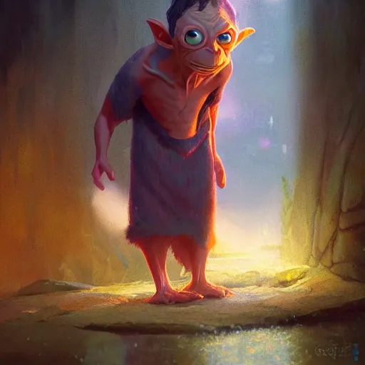 Prompt: a wholesome animation key shot of gollum, colorful, pixar and disney animation, sharp, very detailed, high resolution, key art by greg rutkowski, bloom, dramatic lighting