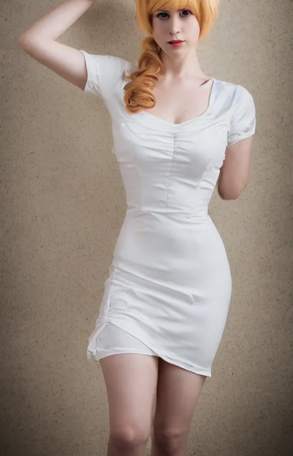 Image similar to 2 8 mm studio photo of gorgeous seductive emily skinner cosplaying annie leonhart wearing tight white dress, beautiful face, pale skin, rule of thirds, cinematic lighting, sharp focus, backlit, stunning, smooth, hard focus, full body shot
