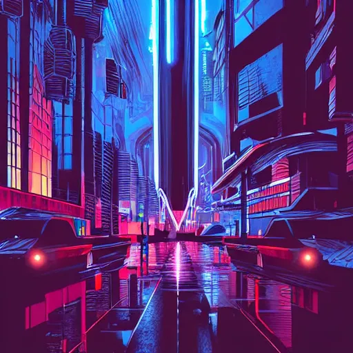 Prompt: cyber punk, futuristic, neo Chicago, blade runner city concept art, in the style of Syd Mead, award winning illustration, neon lights, raining