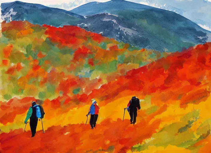 Prompt: portrait of friends hiking franconia ridge new hampshire in autumn, artwork by etel adnan