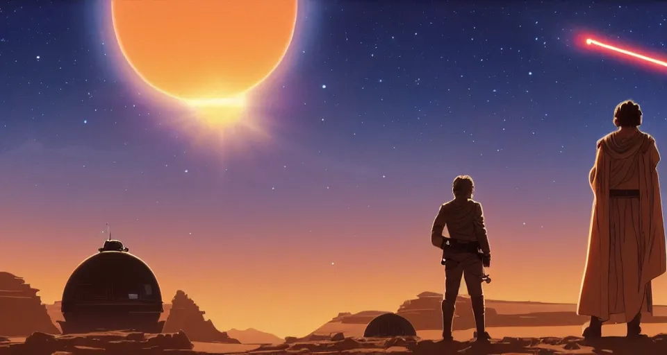 Image similar to beautiful wide shot tatooine landscape, Luke skywalker watches binary sunset from moisture farm, Star Wars a new hope 1977, studio ghibli, Miyazaki, Greg rutkowski, Alphonse mucha, Moebius , animation, golden hour, highly detailed, hdr, vivid color, 70mm