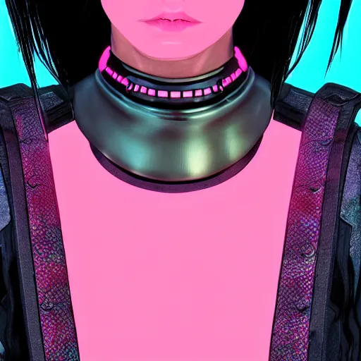 Image similar to detailed realistic cyberpunk female character cyberpunk wearing large steel collar around neck, realistic, art, beautiful, 4K, collar, choker, collar around neck, punk, artstation, detailed, female, woman, choker, cyberpunk, neon, punk, collar, choker, collar around neck, thick collar, choker around neck, wearing choker, wearing collar, bright neon punk hair, collar, choker,