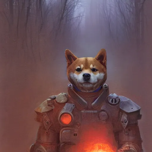 Image similar to power armor, anthropomorphic shiba inu, shiba inu face, stuning 3 d render, masterpiece, glowing black aura, foggy dark graveyard, by donato giancola and greg rutkowski and wayne barlow and zdzisław beksinski, realistic face