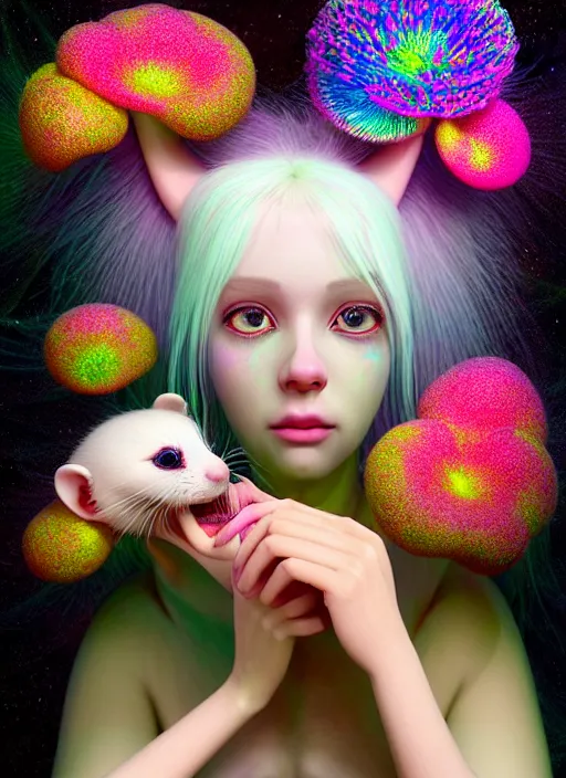 Image similar to hyper detailed 3d render like a Oil painting - kawaii portrait Aurora (white haired Singer Ferret) seen Eating of the Strangling network of yellowcake aerochrome and milky Fruit and Her delicate Hands hold of gossamer polyp blossoms bring iridescent fungal flowers whose spores black the foolish stars by Jacek Yerka, Mariusz Lewandowski, Houdini algorithmic generative render, Abstract brush strokes, Masterpiece, Edward Hopper and James Gilleard, Zdzislaw Beksinski, Mark Ryden, Wolfgang Lettl, hints of Yayoi Kasuma, octane render, 8k