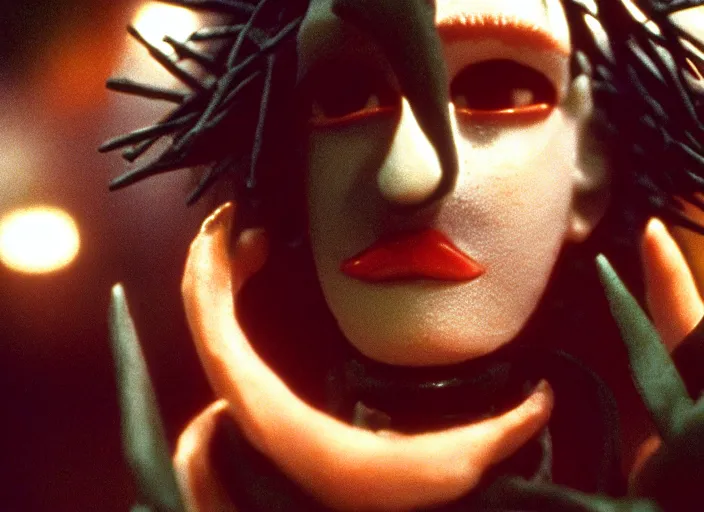 Image similar to cinematic screenshot cinestill portrait of a stop motion claymation film, edward scissorhands, in focus, shallow depth of field, 1 8 mm, f 1. 8, sharp details