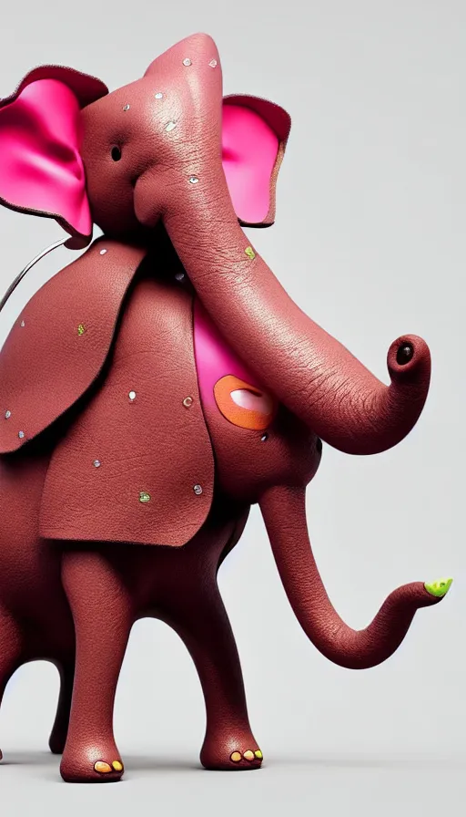 Image similar to A pink elephant with a piercing in his trunk wearing a orange green mohawk and a leather jacket on which a mouse is printed. perfectly-centered-photograph of a pink elephant, film still, dynamic action pose, insane detail, intricate, highly detailed, Zeiss Lens, DSLR photography, smooth, sharp focus, Unreal Engine 5, Octane Render, Redshift, 8K