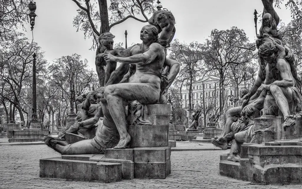 Image similar to the statue park in st. petersburg, by patrick brown, monochrome,