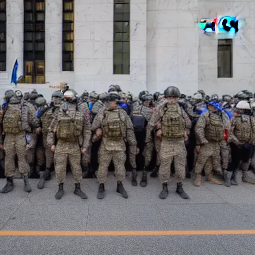 Image similar to 4 k hdr sony a 7 photo of soldiers with bitcoin logos on their helmets at a protest of thousands of people surrounding federal reserve building with us dollars burning in a pile and flying everywhere