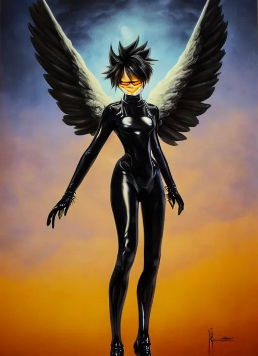 Prompt: full body artwork of tracer overwatch, wearing black latex outfit, in style of zdzisław beksinski, angel wings, dramatic painting, wearing detailed steel collar, black shiny armor, chains, black harness, detailed face and eyes,