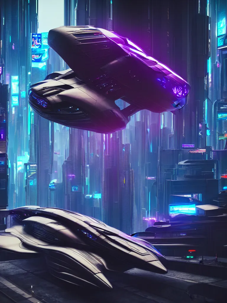 Prompt: magnificent futuristic extremely detailed vehicle flying through a cyberpunk city high octane render, hyperrealist, cinematic