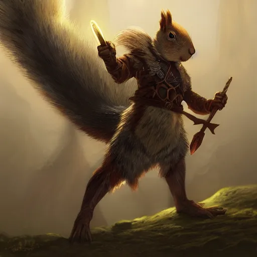 Image similar to Squirrel knight, magic the gathering artwork, D&D, fantasy, cinematic lighting, centered, symmetrical, highly detailed, digital painting, artstation, concept art, smooth, sharp focus, illustration, volumetric lighting, epic Composition, 8k, art by Akihiko Yoshida and Greg Rutkowski and Craig Mullins, oil painting, cgsociety