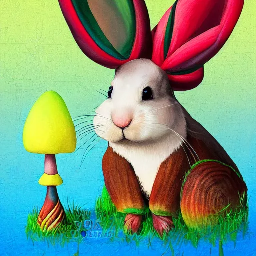 Prompt: a rasta bunny rabbit sitting on a mushroom, digital art, art station, trending, high detail, 8k, aesthetic