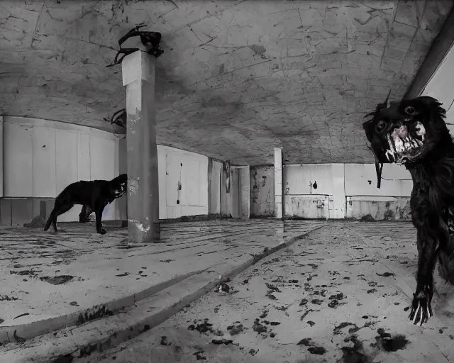 Prompt: camera footage of a 3 Aggressive Feral Black Dogs with severe rabies Chasing a young woman in an abandoned shopping mall, high exposure, dark, monochrome, camera, grainy, CCTV, security camera footage, timestamp, zoomed in, Creepy, Feral, fish-eye lens, Nightmare Fuel, Zombie Dog, Evil, Bite, Motion Blur, horrifying, lunging at camera :4