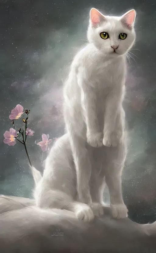 Image similar to a white cat with cosmos in its eyes, dynamic lighting, photorealistic fantasy concept art, trending on art station, stunning visuals, creative, cinematic, ultra detailed