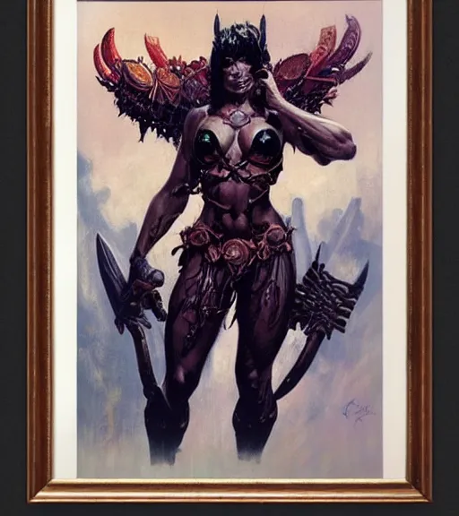 Image similar to portrait of strong female chaos angel, beautiful! coherent! by frank frazetta, by brom, strong line, deep color, spiked metal armor, maximalist