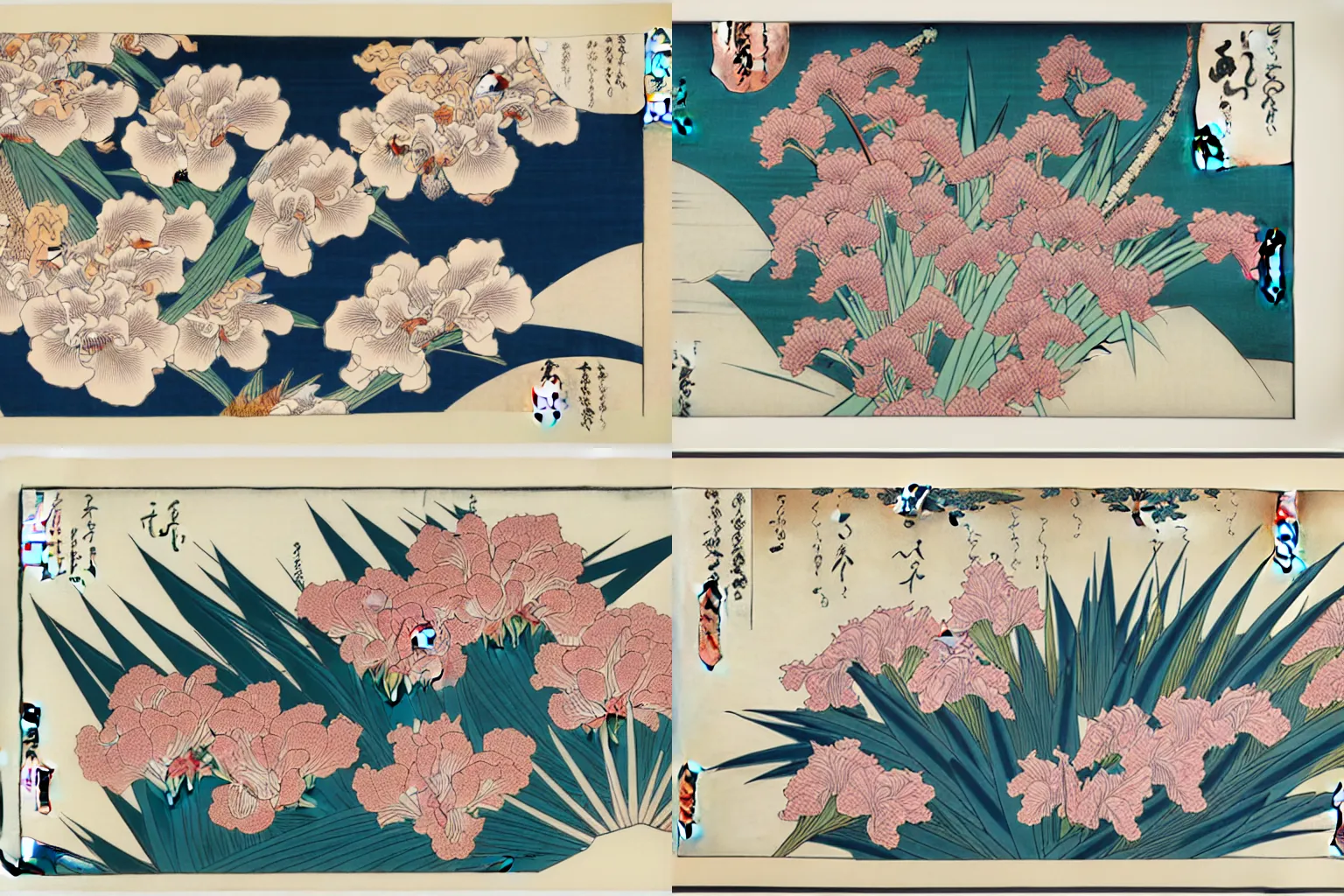 Prompt: a beautiful hyperdetailed ukiyo - e drawing of a tangle of irises and flowers by katsushika hokusai, in style by utagawa kuniyoshi and utagawa hiroshige, japanese print art, intricate, complex, 4 k