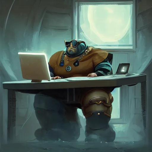 Prompt: a insanely detailed painting of a slightly overweight man wearing a homemade superhero costumed, sitting at a computer desk, nervously and clicking on the mouse, in the style of peter mohrbacher, dramatic lighting and composition, trending on artstation, concept art, comic book