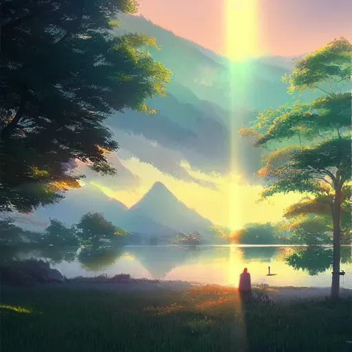 Image similar to beautiful lakeside scene with forest and mountains and birds in the air, sunbeams colorful foggy by makoto shinkai, ross tran