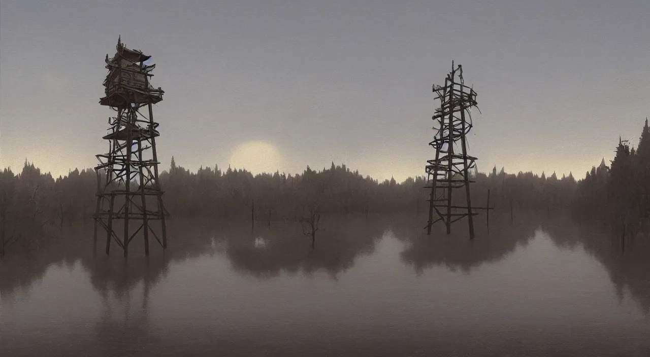 Image similar to single flooded simple wooden tower, very coherent and colorful high contrast ultradetailed photorealistic masterpiece by david ligare simon stalenhag, dark shadows, sunny day, hard lighting