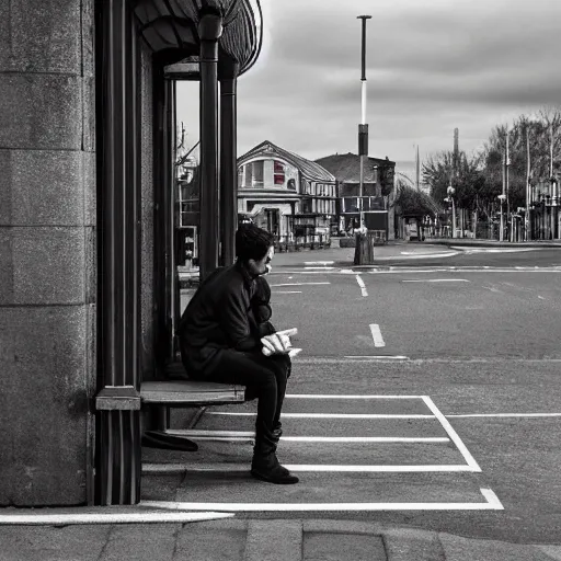 Image similar to a young man waiting at the bus stop in ireland, digital art