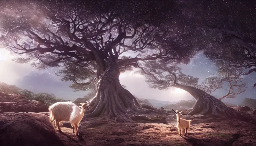 Prompt: very very small goat, sitting on a gigantic banyan tree in moonlit socotra island by ilya kuvshinov, starry night, rtx rendering, octane render 1 2 8 k, maya, extreme high intricate details by tom bagshaw, medium shot, close up shot, composition by sana takeda, lighting by greg rutkowski