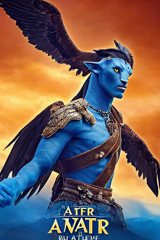 Image similar to a warrior princes with blue skin and a face of an eagle, avatar movie poster