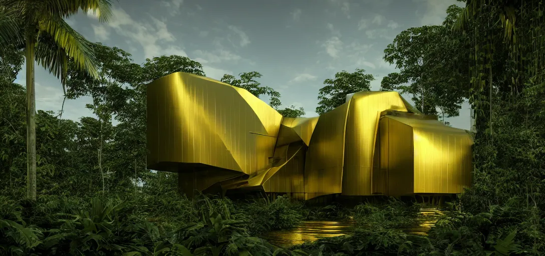 Prompt: futuristic shinny golden building camouflaged in the amazonian jungle landscape of a solarpunk world by alvar aalto, golden roads by le corbusier, movie poster, golden ratio, at dusk lighting, evening lighting, reflections and refractions, film still, hyper realistic, octane render redshift arnold materials unreal engine, 8 k, post production, hyper detailed