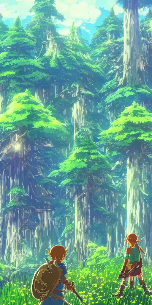 Image similar to epic cannabis tree forest, link and zelda high af smoking blunt, vivid tones, wide angle, by miyazaki, nausicaa, studio ghibli, breath of the wild