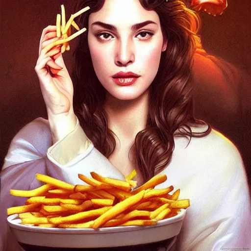 Image similar to portrait of James Gandolfini eating hamburgers, french fry background, extra onions and ketchup, luscious patty with sesame seeds, feminine ethereal, handsome, D&D, fantasy, intricate, elegant, highly detailed, digital painting, artstation, concept art, matte, sharp focus, illustration, art by Artgerm and Greg Rutkowski and Alphonse Mucha